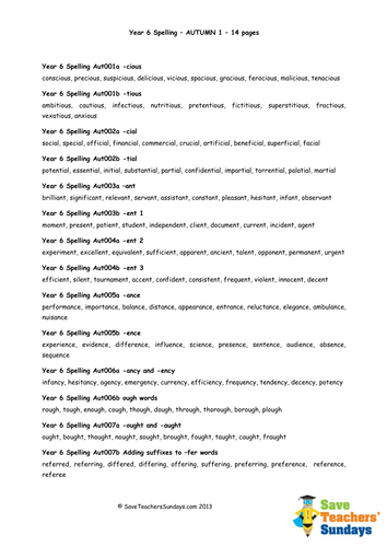 year 6 spellings words lists new curriculum teaching resources