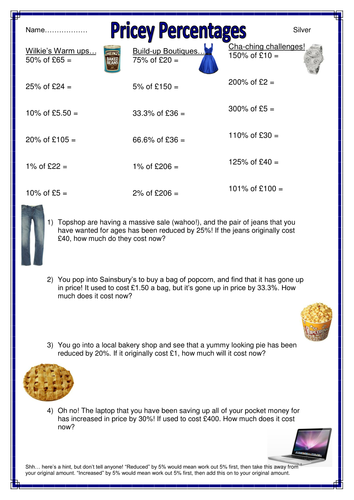 Shopping-themed percentages of amounts worksheets | Teaching Resources