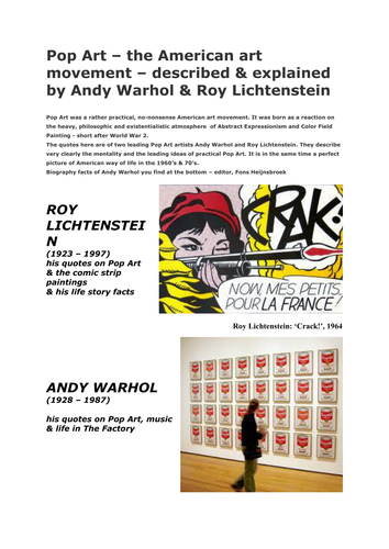 POP ART, described by the Pop artists Andy Warhol & Roy Lichtenstein by ...