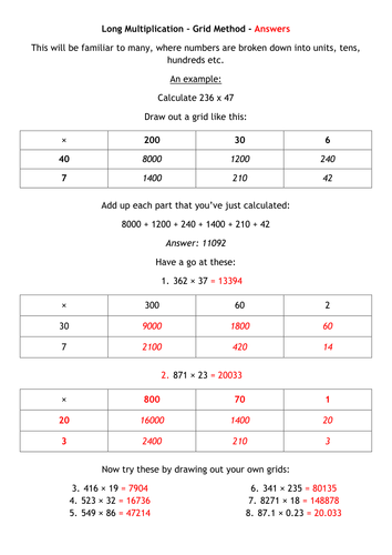 Long Multiplication - Grid Method - Answers.docx