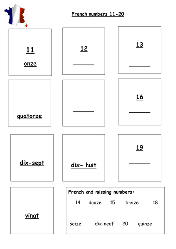 French Numbers 11 20 Worksheets