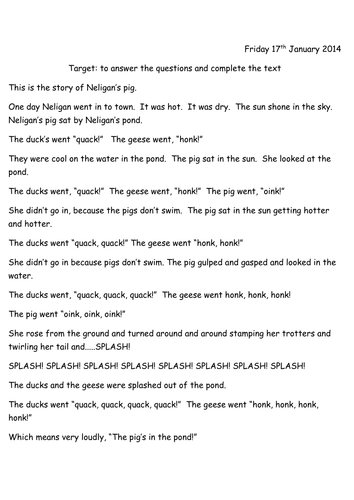 The Pig in the Pond Comprehension Year 1 | Teaching Resources