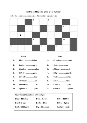 Metric Imperial Units of Measurement Crossnumber Teaching Resources