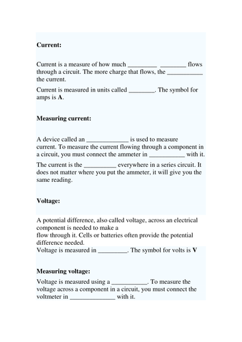 Current, voltage and resistance | Teaching Resources