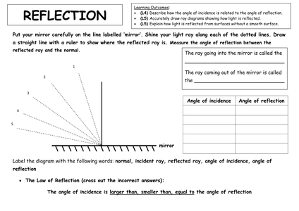 Worksheet for reflection light low attainers.docx