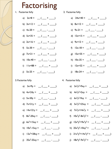 factorising worksheet teaching resources