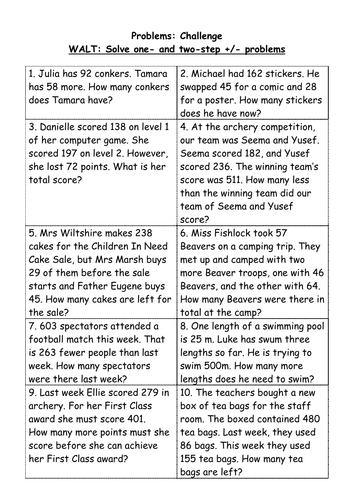 2 Step Addition And Subtraction Problems 4 Levels Teaching Resources