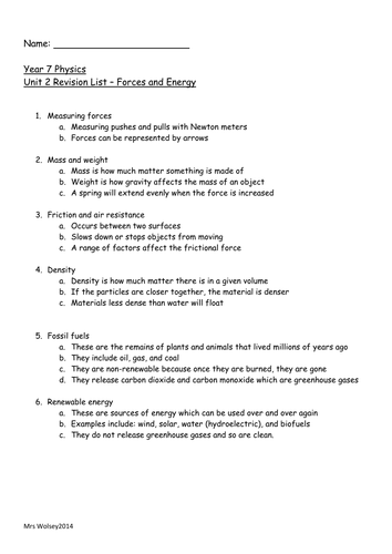 forces and energy differentiated revision sheets