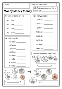 differentiated and Converting p zjones1   money differentiated by to time £ UK   p worksheets £  to