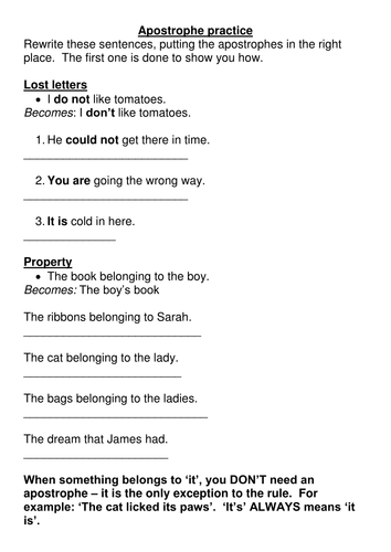 Apostrophe exercises | Teaching Resources