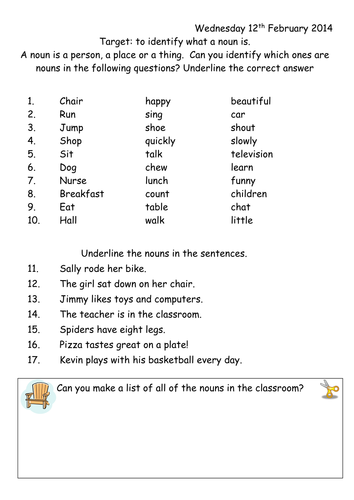 noun worksheet year 1 teaching resources