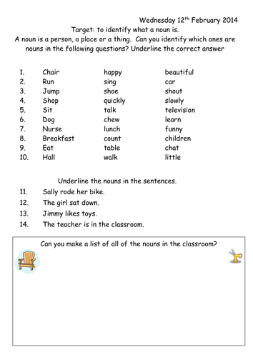 noun worksheet year 1 teaching resources