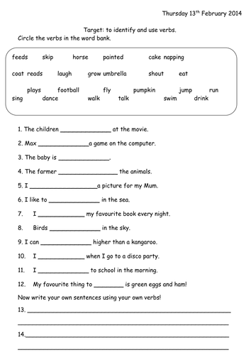 Verbs Worksheet Year 1 Teaching Resources