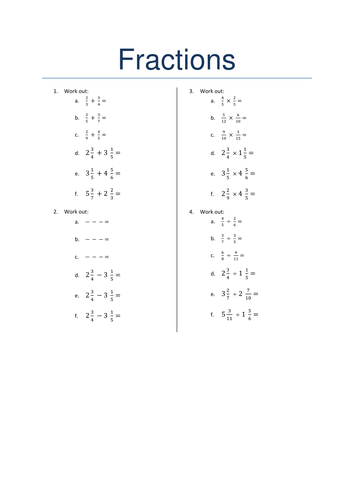 Four operations with fractions worksheet | Teaching Resources