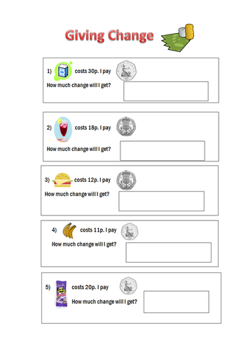 Giving Change worksheets | Teaching Resources