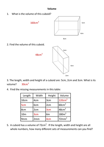 volume worksheet teaching resources