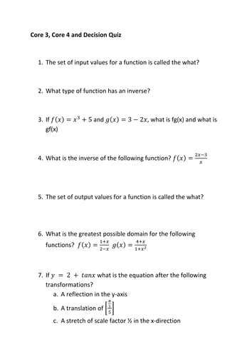 Core 3 Core 4 And Decision 1 Revision Quiz Teaching Resources