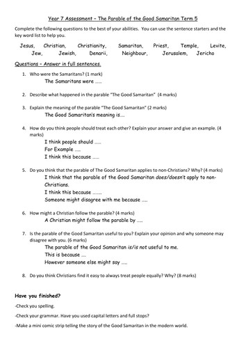 The Good Samaritan assessment for year 7. | Teaching Resources