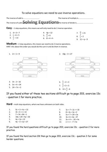 Differentiated solving linear equations worksheet. | Teaching Resources