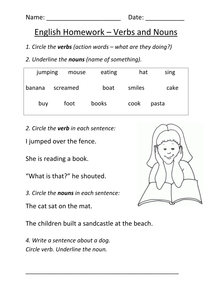 nouns and verbs worksheet ks1 by mignonmiller uk