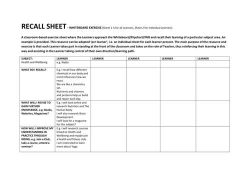 RECALL SHEET EVALUATING LEARNER KNOWLEDGE Teaching Resources