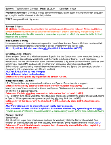 Athens and Sparta differentiated lesson | Teaching Resources