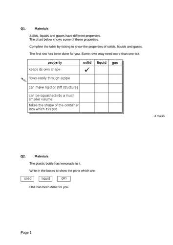 Solids,Liquids and Gases - Levelled SATs questions | Teaching Resources