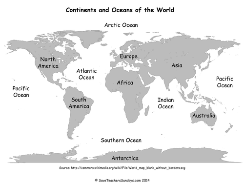 World Map Showing 7 Continents And 5 Oceans