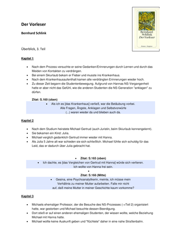 Overview of Teil 2 and Teil 3, Der Vorleser | Teaching Resources