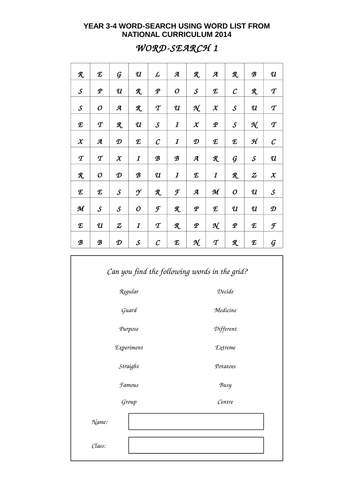 Year 3 4 word search using word list from nat curr teaching resources