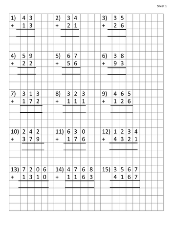 Column Addition Worksheets 2 digit to 4 digit | Teaching Resources
