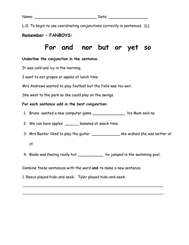 Printables Fanboys Grammar Worksheet printables fanboys grammar worksheet safarmediapps worksheets conjunctions by bethrob teaching resources tes