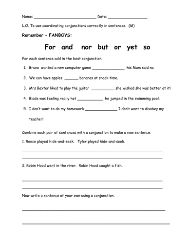 Printables Fanboys Worksheet fanboys conjunctions by bethrob teaching resources tes
