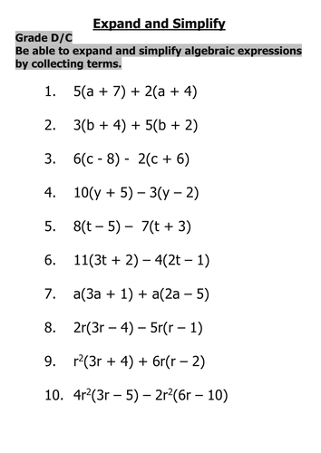 doc Algebraic Expressions worksheet basic  Simplify and Expand algebra