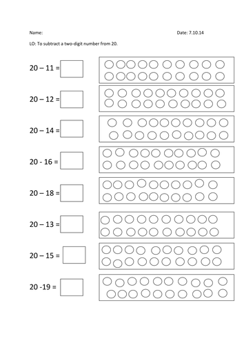 Subtracting 2 two-digit numbers from 20 | Teaching Resources