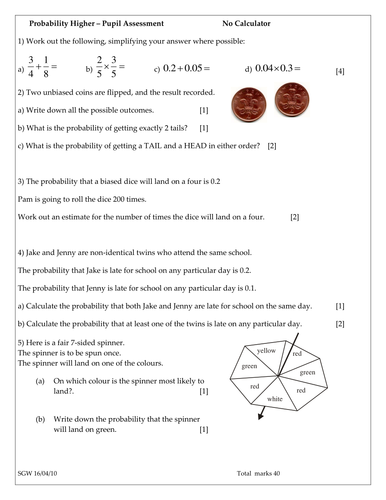 Probability Worksheet or Test | Teaching Resources