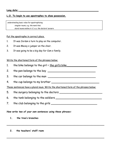 Apostrophes for possession activities | Teaching Resources