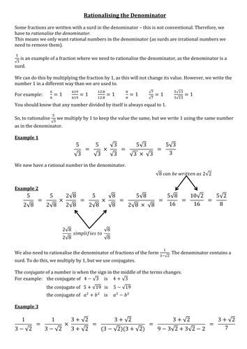 Rationalising Denominators Help Sheet Teaching Resources