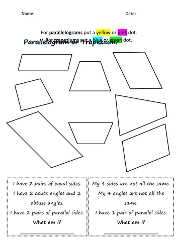 quadrilateral sorting worksheets teaching resources