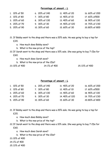 Percentage of amount worksheet | Teaching Resources