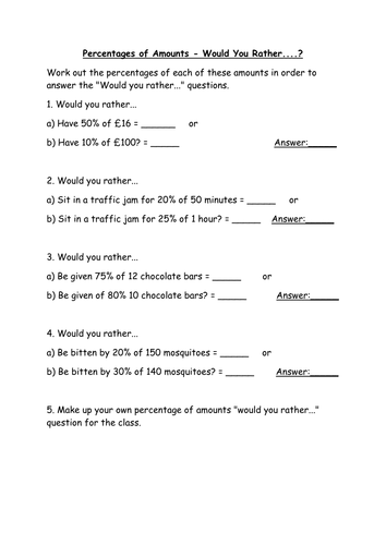 Percentages - Would You Rather worksheet | Teaching Resources