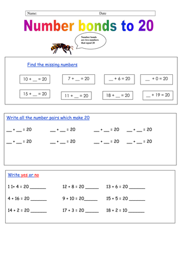 Number bonds to 20 homework ks1 picture