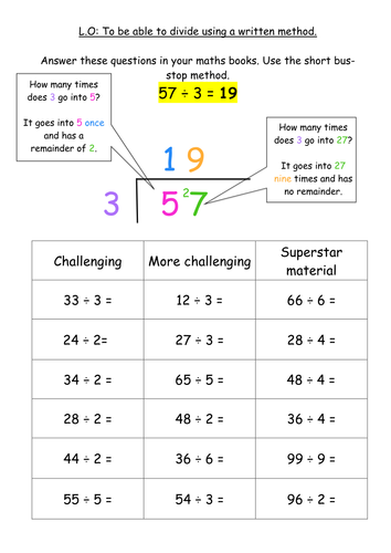 ks2 division written method bus stop method teaching resources