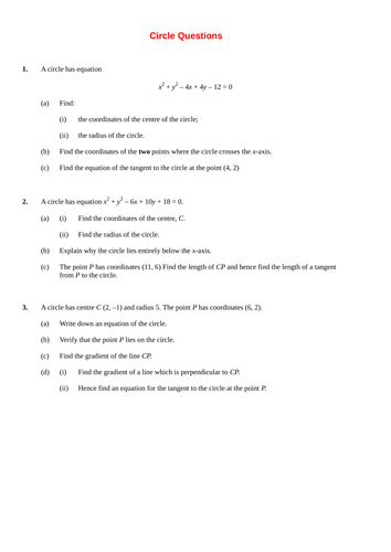 Handout of Circles Questions | Teaching Resources