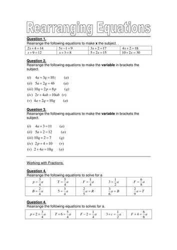 Rearranging Formula/Equations Worksheet by chuckieirish - Teaching