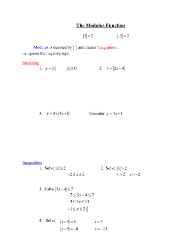 Modulus Function Worked Examples | Teaching Resources