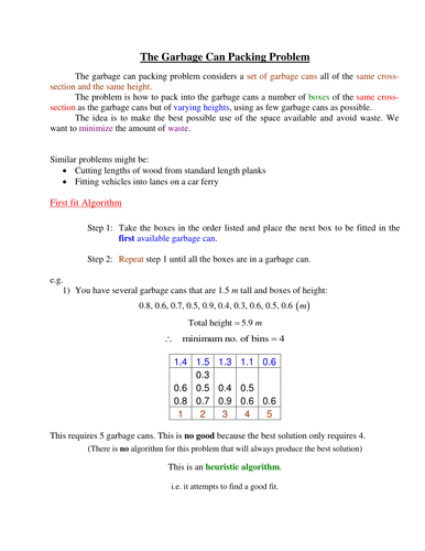 Garbage Can Packing Algorithm First Fit | Teaching Resources