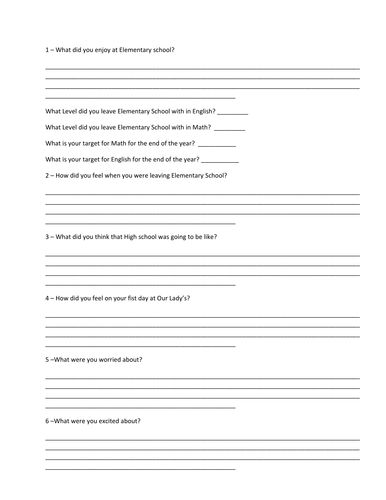 Elementary School Transition Questionairre | Teaching Resources