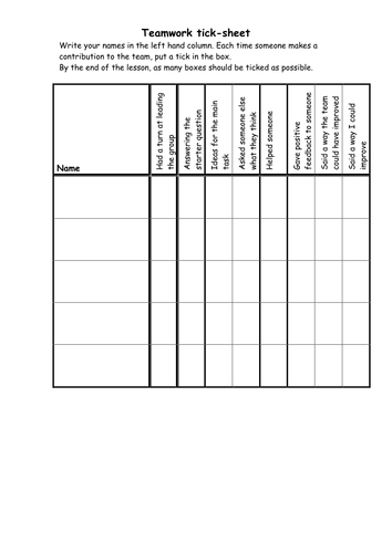 Discussion and teamwork tick-sheet | Teaching Resources