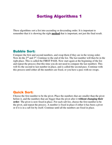 Sorting Algorithms | Teaching Resources